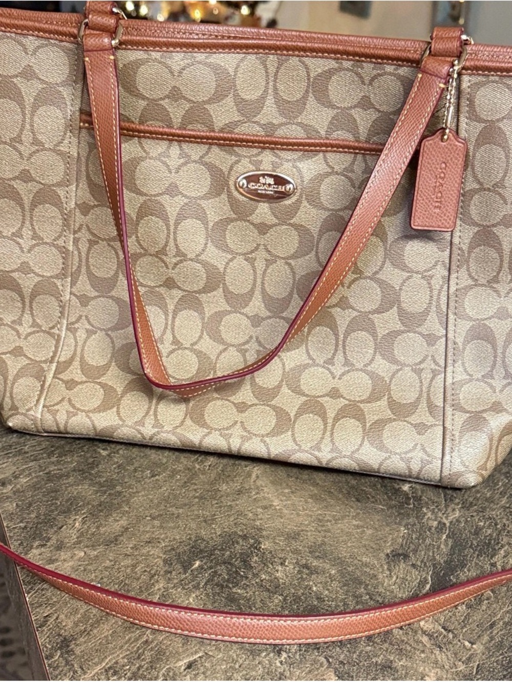 Coach Khaki Canvas Tote with Chestnut Trim